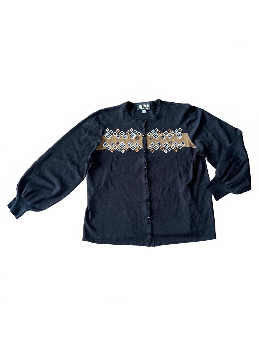 Bob Mackie Wearable Art black embroidered cardigan sweater L balloon sleeve